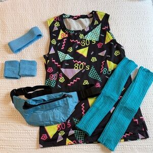 80s Themed Neon Blue Workout Set with Accessories
